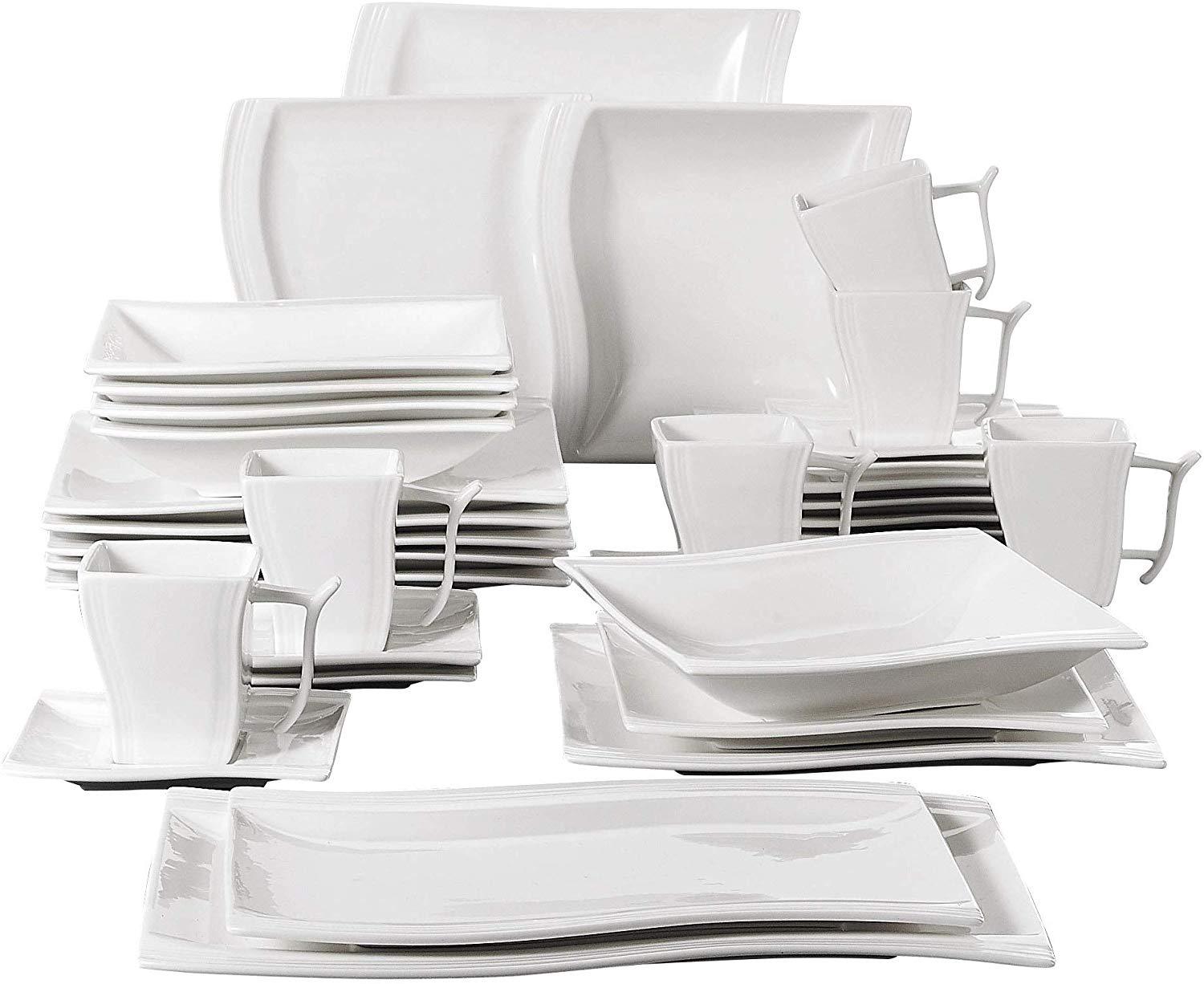 MALACASA, Series Elisa, 50-Piece Porcelain Dinnerware Set, White