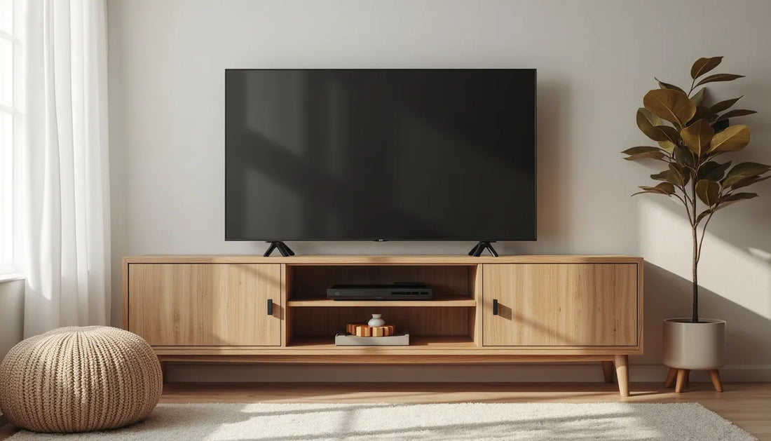 An inviting living room interior featuring a stylish wood TV stand that showcases various design models, including modern, rustic, and minimalist styles. Each TV stand is adorned with decorative items