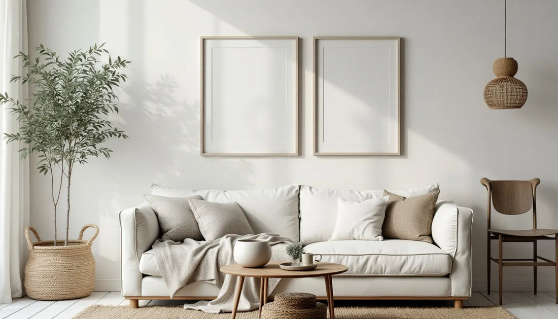 Create a stylish room with a beautifully decorated white wall showcasing 10 creative décor ideas. Include elements like framed art prints, plant hangers, wall-mounted shelves filled with books and dec