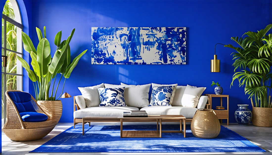 Create an inviting interior space that showcases the stunning Majorelle Blue color. Include a modern living room with walls painted in Majorelle Blue, complemented by elegant furniture, lush green pla