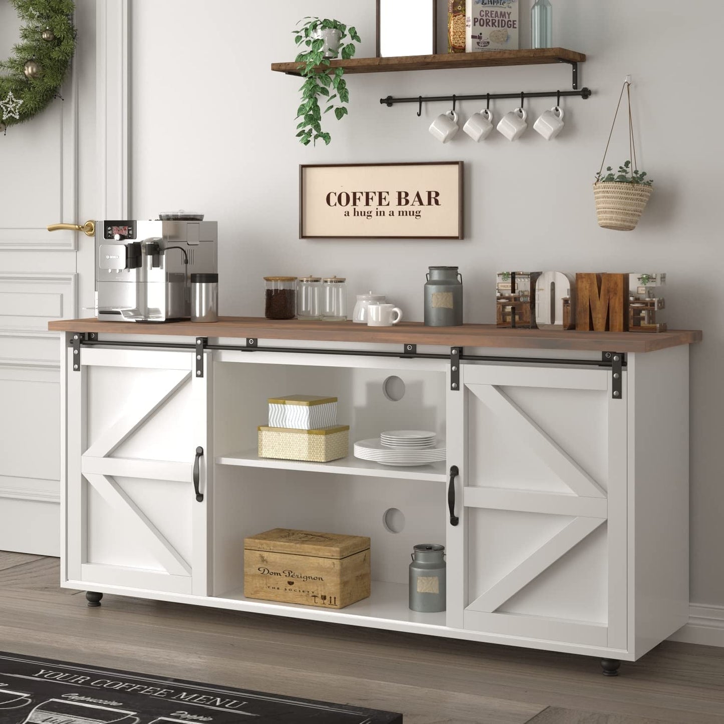 Farmhouse Coffee Bar Cabinet with Sliding Barn Door