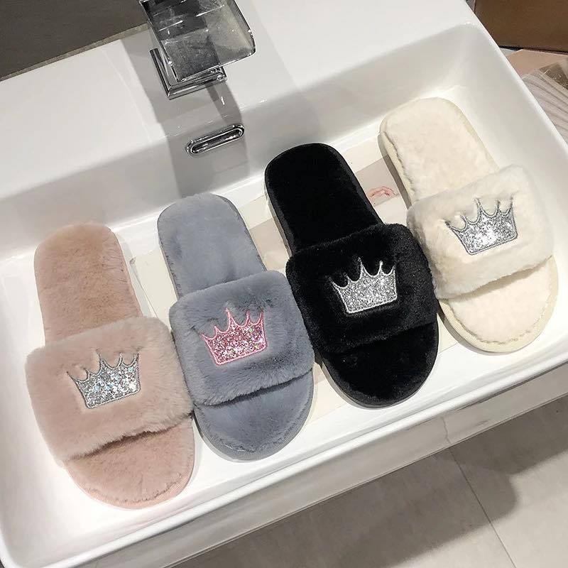 Crown Faux Fur Plush Indoor Slippers - Nordic Side - 