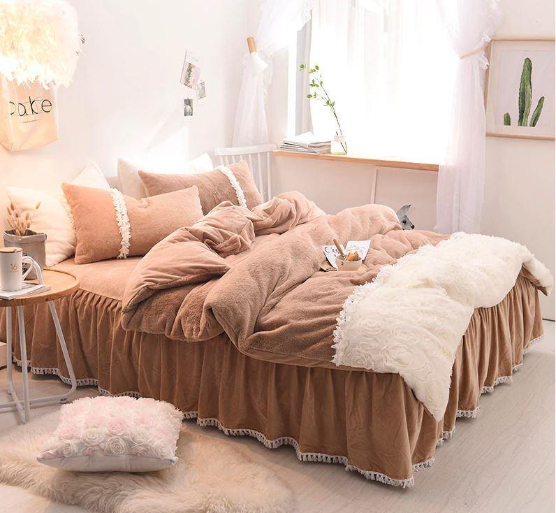 3D Rose Lace Velvet Soft Bedding Set - Nordic Side - 