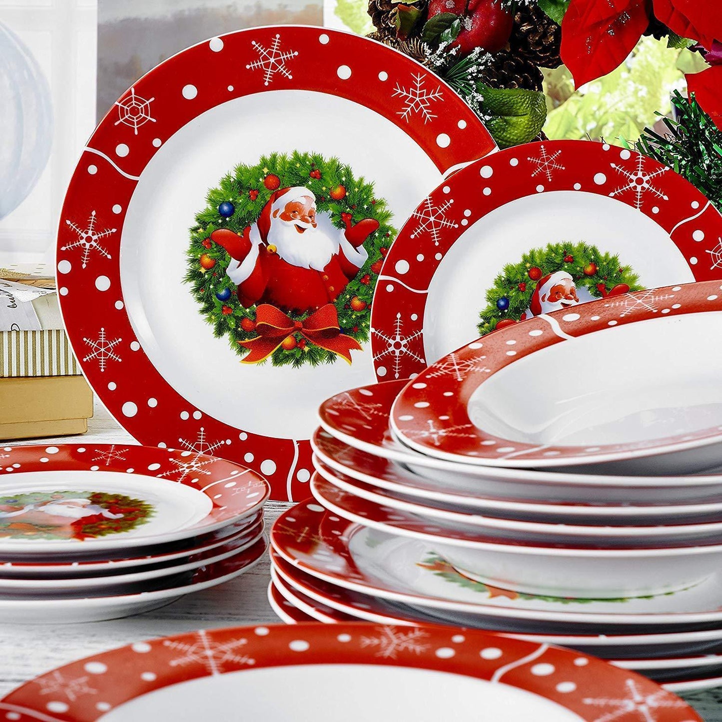 SANTA CLAUS 18-Piece Christmas Style Porcelain Dinnerware Plate Set - Nordic Side - 18, Christmas, CLAUS, Dessert, Dinner, Dinnerware, Piece, Plate, Porcelain, SANTA, Set, Soup, Style, Tablew