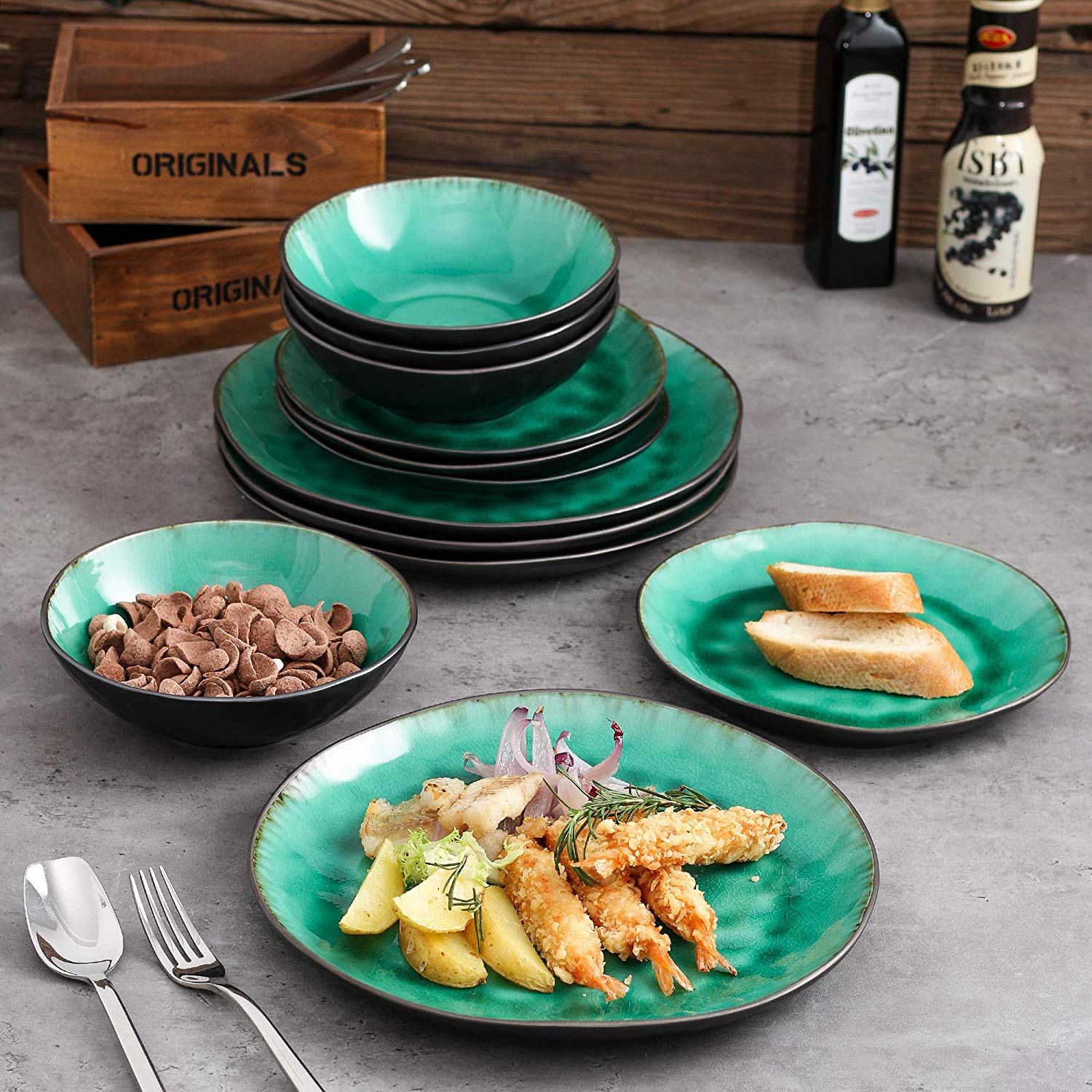 Radiante 36-Piece Pottery Stoneware Vintage Look Ceramic Green Dinnerware Set 12" - Nordic Side - 12, 36, Ceramic, Coco, Dinner, Dinnerware, Green, Look, Piece, PlateBowl, PlateDessert, Potte