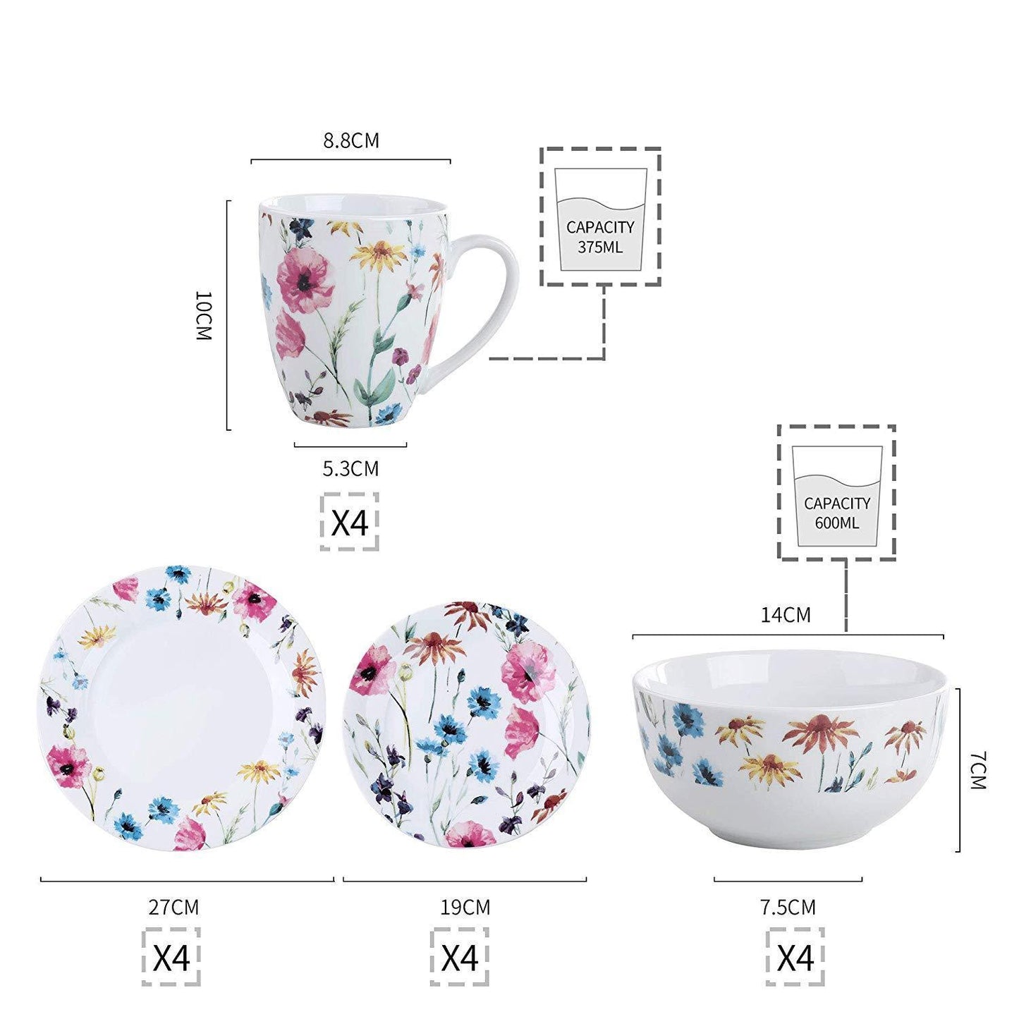 DORIS 32-Piece Porcelain Ceramic Dinnerware Dishes Set with 8*Dinner Plate,Dessert Plate,Cereal Bowl and 380ml Mug Set - Nordic Side - 32, 380, and, Bowl, Ceramic, Dinner, Dinnerware, Dishes,