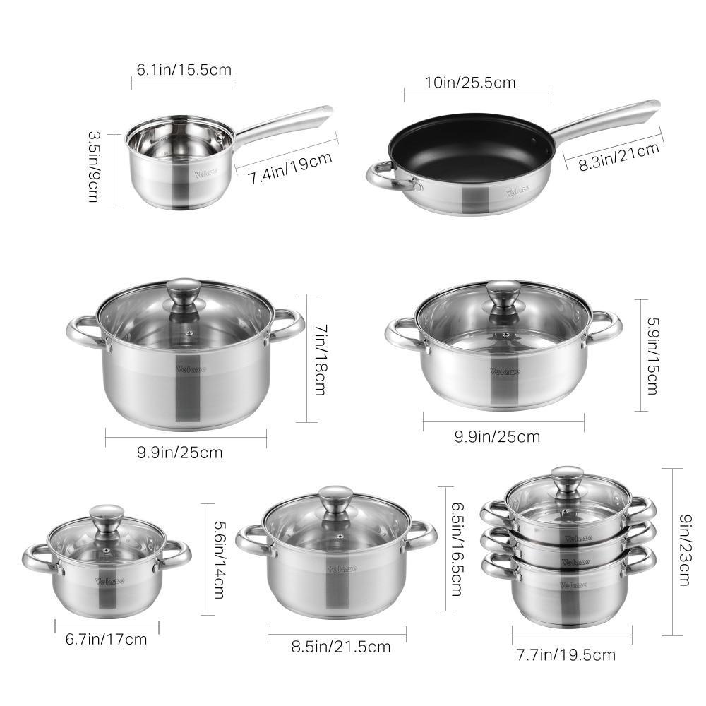 Cookware Set Stainless Steel 14-Piece Induction Kitchen Cooking Pot&Pan Set,Saucepan,Casserole,Steamer,Frypan,Glass lid (Silver) - Nordic Side - 14, Cooking, Cookware, Induction, Kitchen, lid