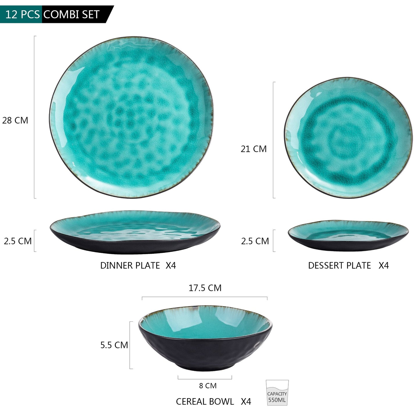 Bonita 12-Piece Pottery Stoneware Vintage Look Ceramic Green Dinnerware Set - Nordic Side - 12, Aqua, Ceramic, Dinner, Dinnerware, Green, Look, Piece, PlateBowl, PlateDessert, Pottery, Set, S