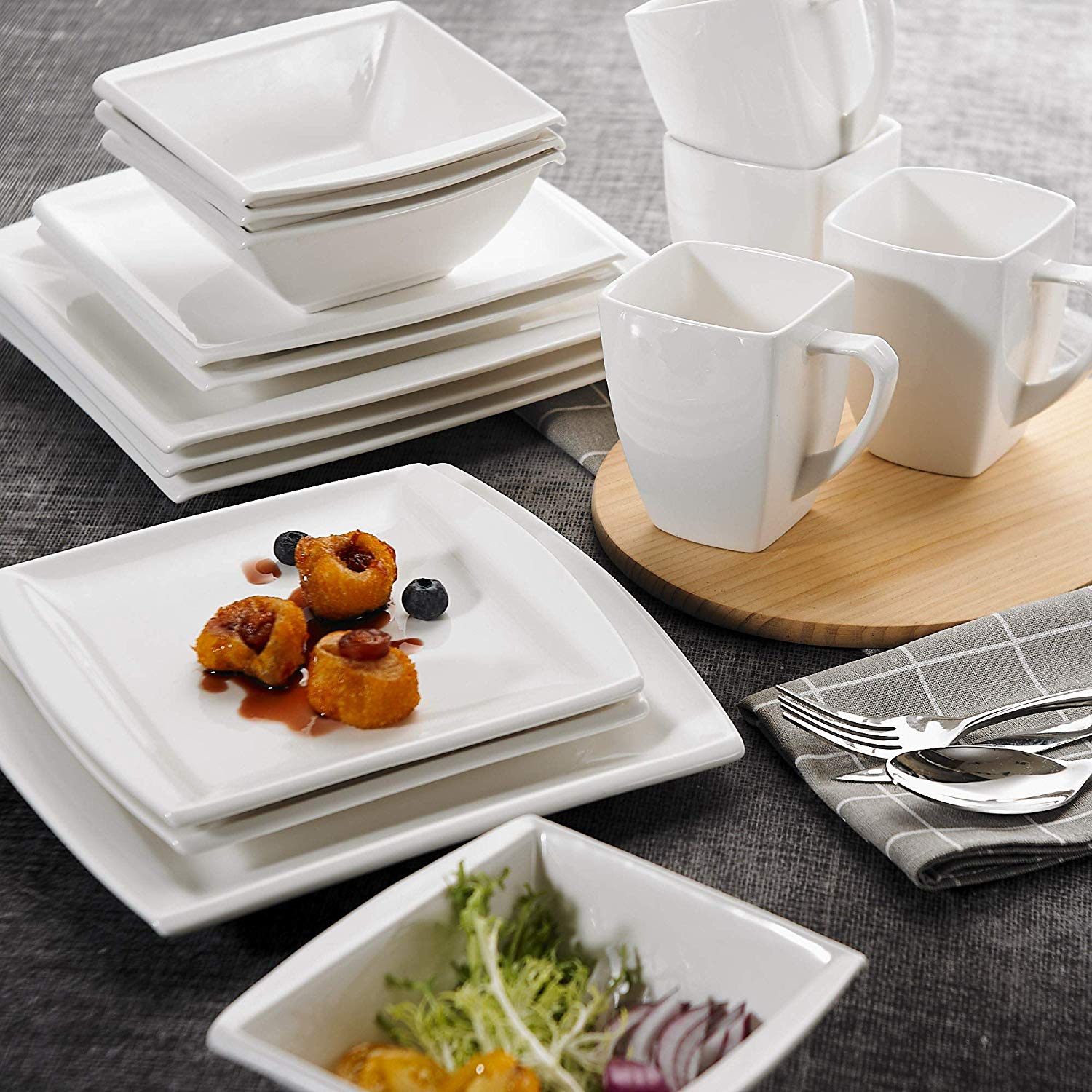 Blance 16-Piece White Ceramic Porcelain Dinner Set with Salad Soup Bowls Dessert Plates Dinner Plates Coffee Milk Mugs - Nordic Side - 16, Blance, Bowls, Ceramic, Coffee, Dessert, Dinner, MAL