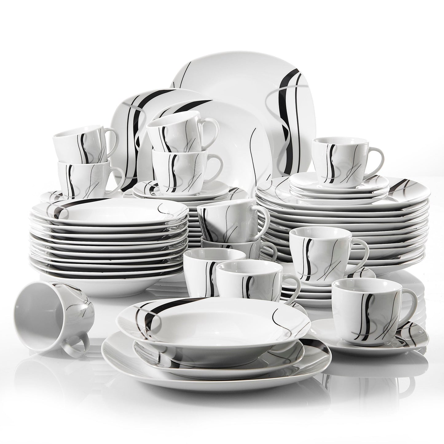 Fiona 60-Piece Porcelain Plate Combi-Set - Black Lines | Tableware | NordicAbode.com