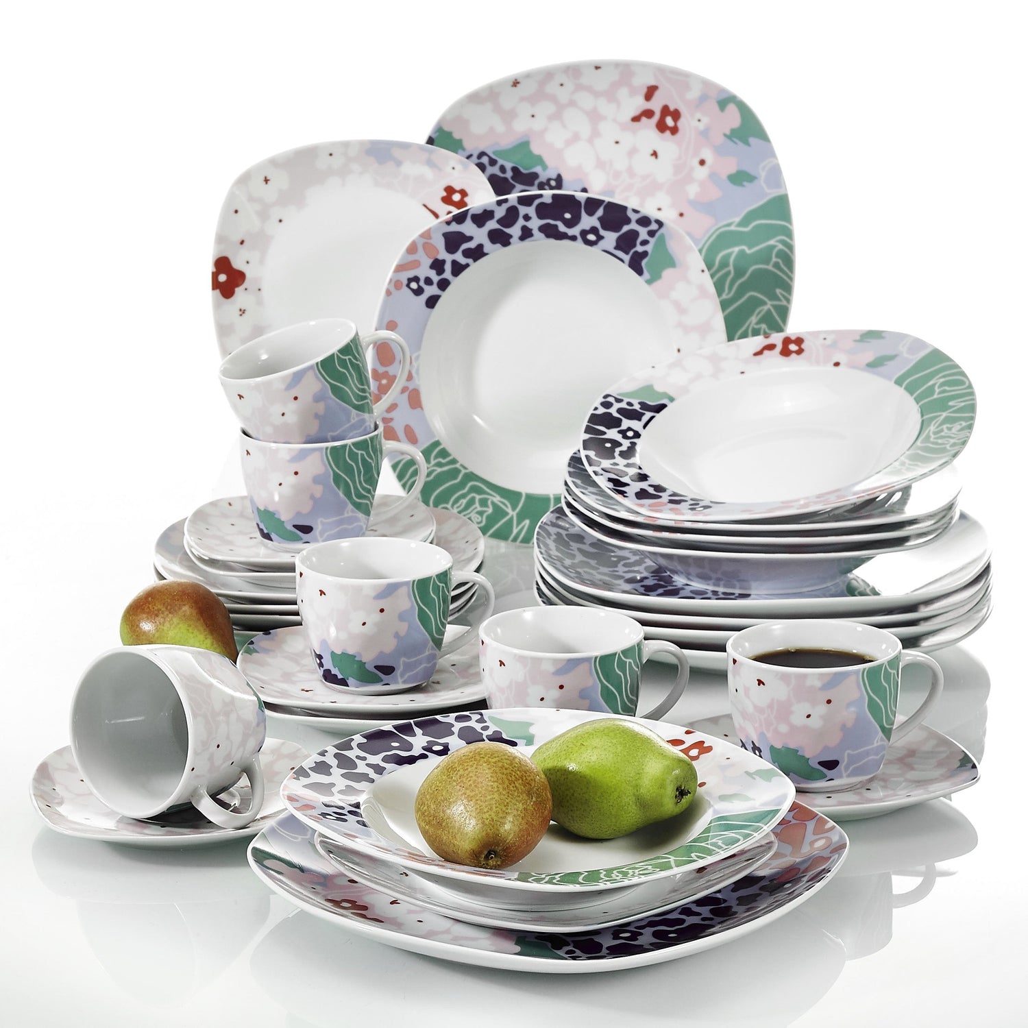 OLINA 30-Piece Porcelain Ceramic Dinner Combi-Set with Cups Saucers Dessert Plates Soup Plate Dinner Plates Service for 6 - Nordic Side - 30, Ceramic, CombiSet, Cups, Dessert, Dinner, for, OL