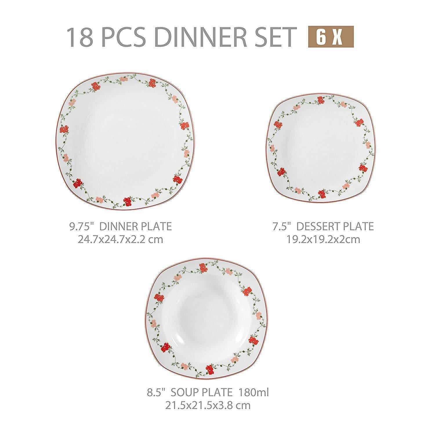 GLORIA 18-Piece White Porcelain Flower Pattern Dinner Tableware Plate Set with 6*Dessert Plates,Soup Plates,Dinner Plates - Nordic Side - 18, Dessert, Dinner, Flower, GLORIA, Pattern, Piece, 