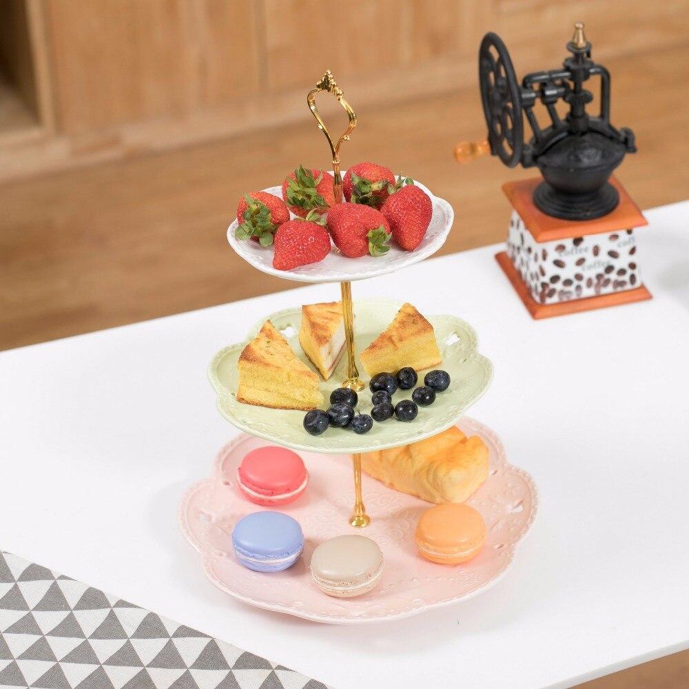 SweetTime Multi-Color 3 Tier Ceramic Cake Stand Porcelain Party Food Server Display With Golden Carry Handle (Colorful Round) - Nordic Side - Cake, Carry, Ceramic, Display, Food, Golden, Hand