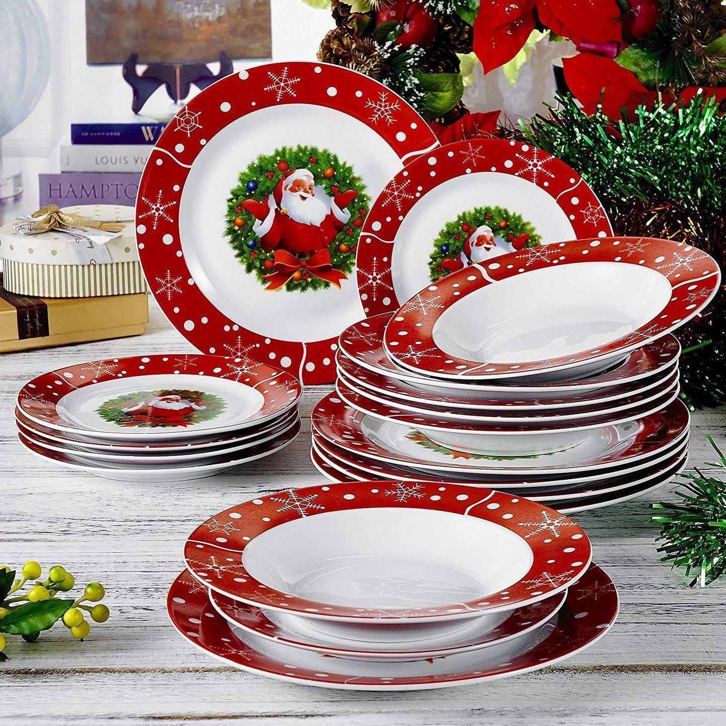 SANTA CLAUS 18-Piece Christmas Style Porcelain Dinnerware Plate Set - Nordic Side - 18, Christmas, CLAUS, Dessert, Dinner, Dinnerware, Piece, Plate, Porcelain, SANTA, Set, Soup, Style, Tablew