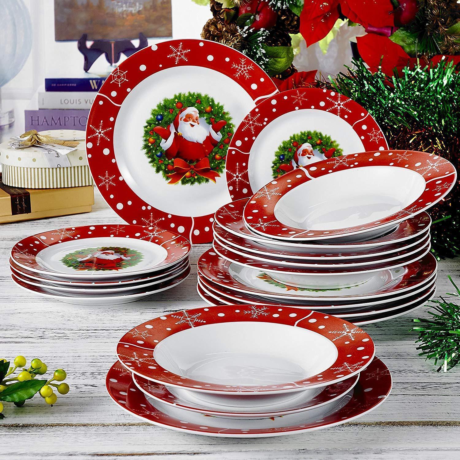 SANTA CLAUS 18-Piece Christmas Style Porcelain Dinnerware Plate Set - Nordic Side - 18, Christmas, CLAUS, Dessert, Dinner, Dinnerware, Piece, Plate, Porcelain, SANTA, Set, Soup, Style, Tablew