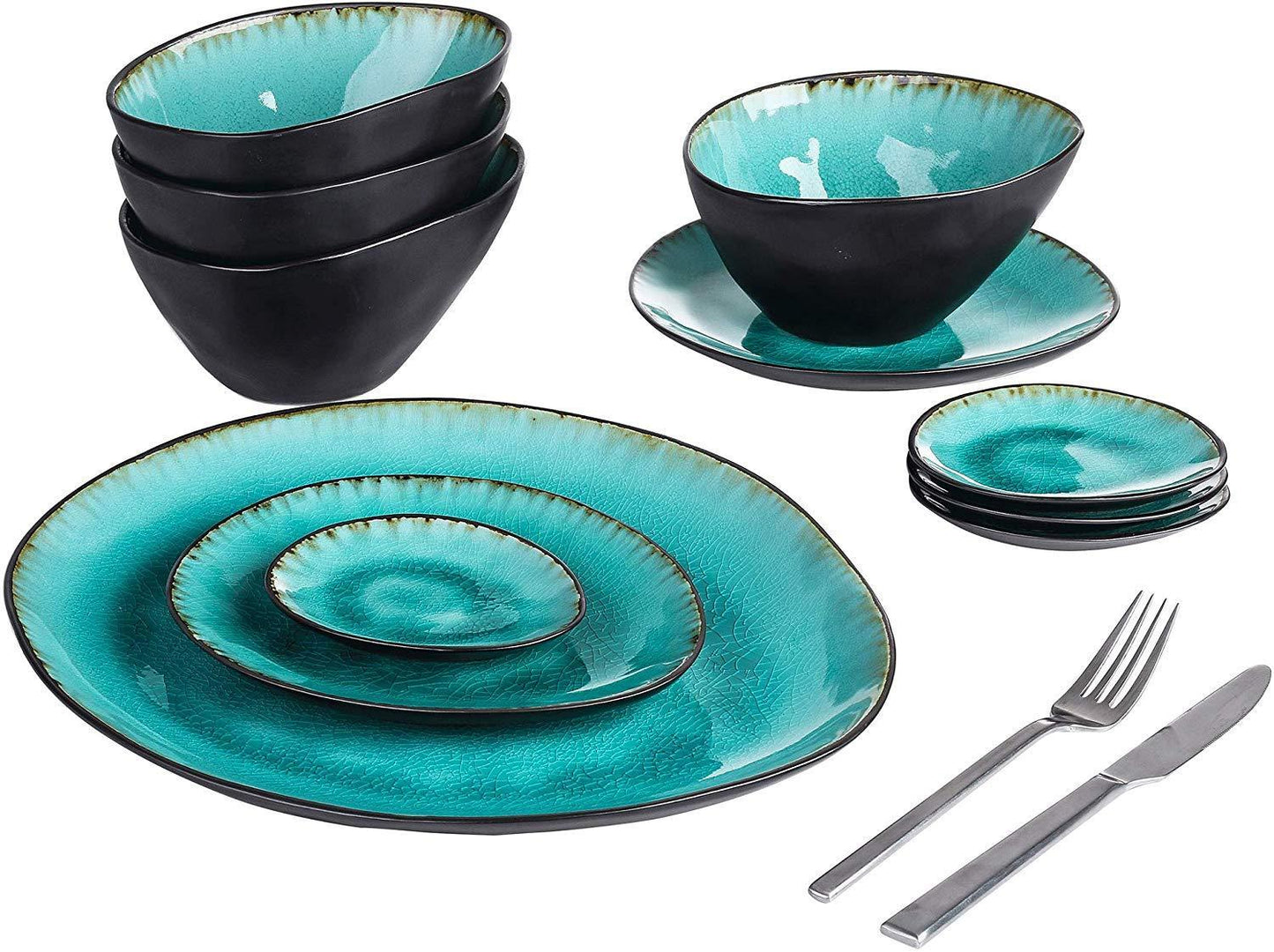 Bonita 11-Piece Pottery Stoneware Vintage Ceramic Dinner Set - Nordic Side - 11, Aqua, Ceramic, Dessert, Dinner, Dipping, DishesBowl, Piece, Plate, Pottery, Set, Stoneware, VANCASSO, Vintage,