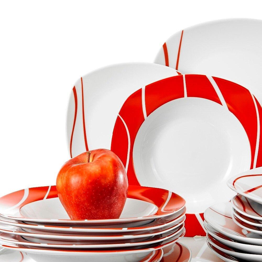 Series Felisa 18 Piece Red Stripes Ivory White Porcelain Dinner Set with 6 Piece Dessert Soup Dinner Plates Service Set (Red) - Nordic Side - 18, Dessert, Dinner, Felisa, Ivory, MALACASA, Pie