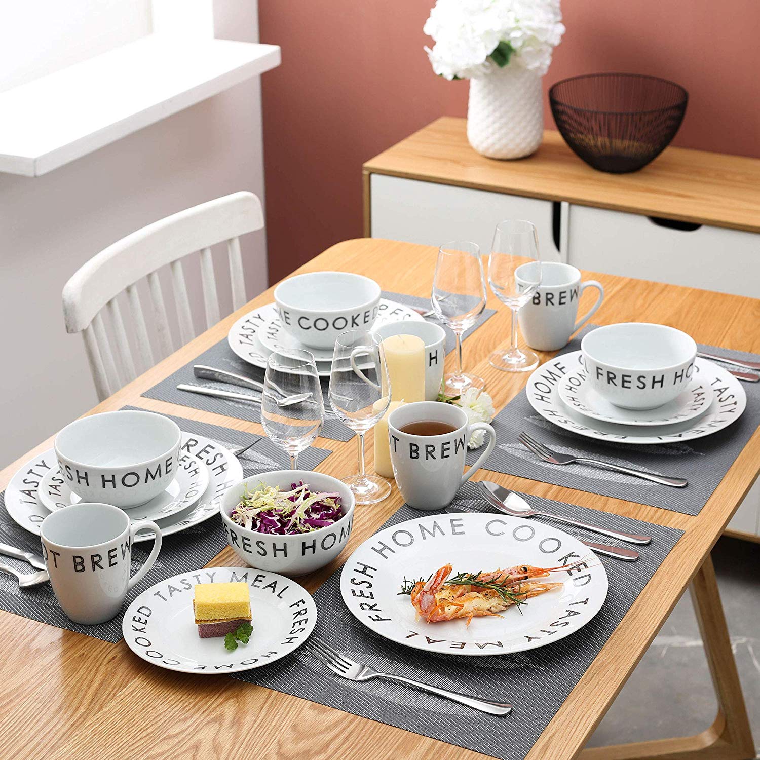 JUNO 32-Piece Porcelain Dinnerware Tableware Plate Set with Dinner Plate,Dessert Plate,Cereal Bowl and 380ML Mug Set - Nordic Side - 32, 380, and, Bowl, Dinner, Dinnerware, JUNO, ML, Mug, Pie