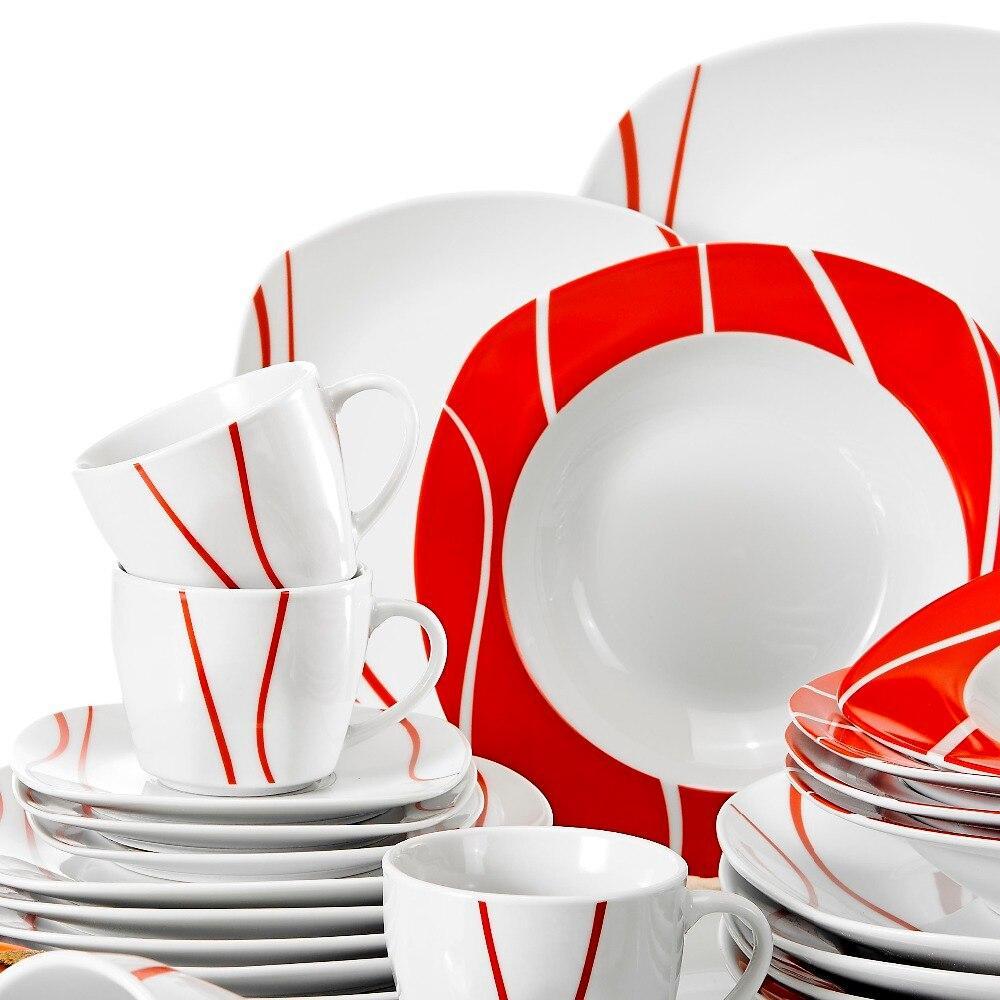 Series Felisa 30 Piece Red Stripes Ivory White Porcelain Dinner Set with 6 Piece Cups Saucers Dessert Soup Dinner Plate (Red) - Nordic Side - 30, Cups, Dessert, Dinner, Felisa, Ivory, MALACAS