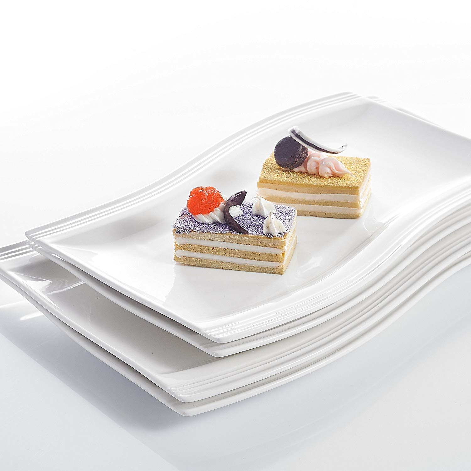 Flora  White Porcelain 2-piece 11" and 13.25" Rectangular Plates - Nordic Side - 11, 1325, and, Ceramic, Dessert, Dinner, Dish, Flora, Fruit, MALACASA, of, Piece, Plate, Porcelain, Set, Snack