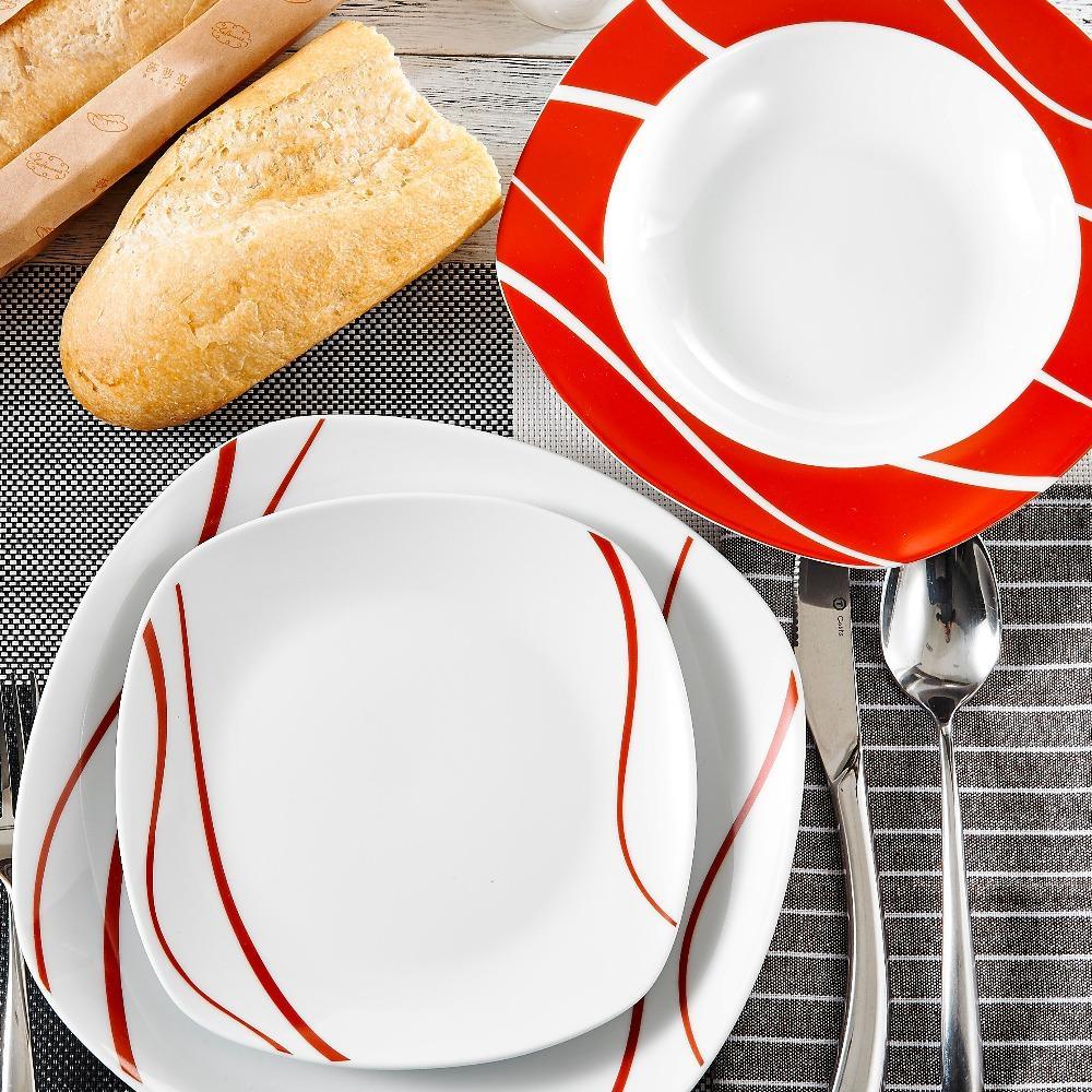 Series Felisa 18 Piece Red Stripes Ivory White Porcelain Dinner Set with 6 Piece Dessert Soup Dinner Plates Service Set (Red) - Nordic Side - 18, Dessert, Dinner, Felisa, Ivory, MALACASA, Pie