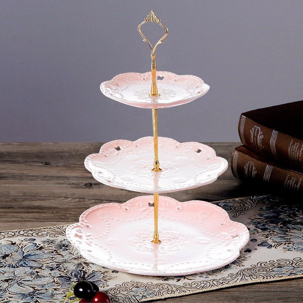 Sweet.Time Pink Color 3 Tier Ceramic Cake Stand Porcelain Party Food Server Display With Golden Carry Handle (Pink Round) - Nordic Side - Cake, Carry, Ceramic, Color, Display, Food, Golden, H