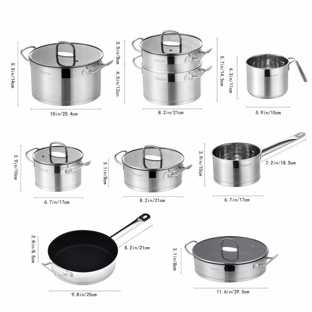 Cookware Set 14 Piece Stainless Steel Kitchen Cooking Pot & Pan Sets,Induction SafeSaucepanCasserolewith Glass lid (Silver) - Nordic Side - 14, Casserole, Cooking, Cookware, Glass, Kitchen, l