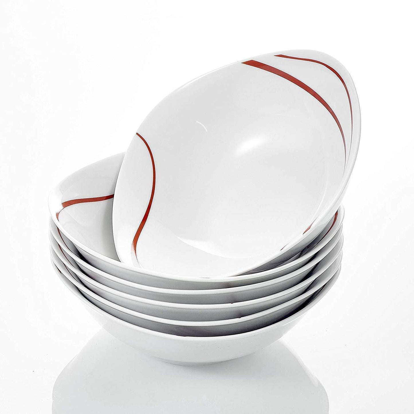 Felisa 6-Piece Red Stripes China  Cream White Porcelain Bowls (6.7") - Nordic Side - 17, 67, Bowl, Ceramic, Cereal, China, cm, Cream, Dessert, Felisa, Fruit, MALACASA, Piece, Porcelain, Red, 