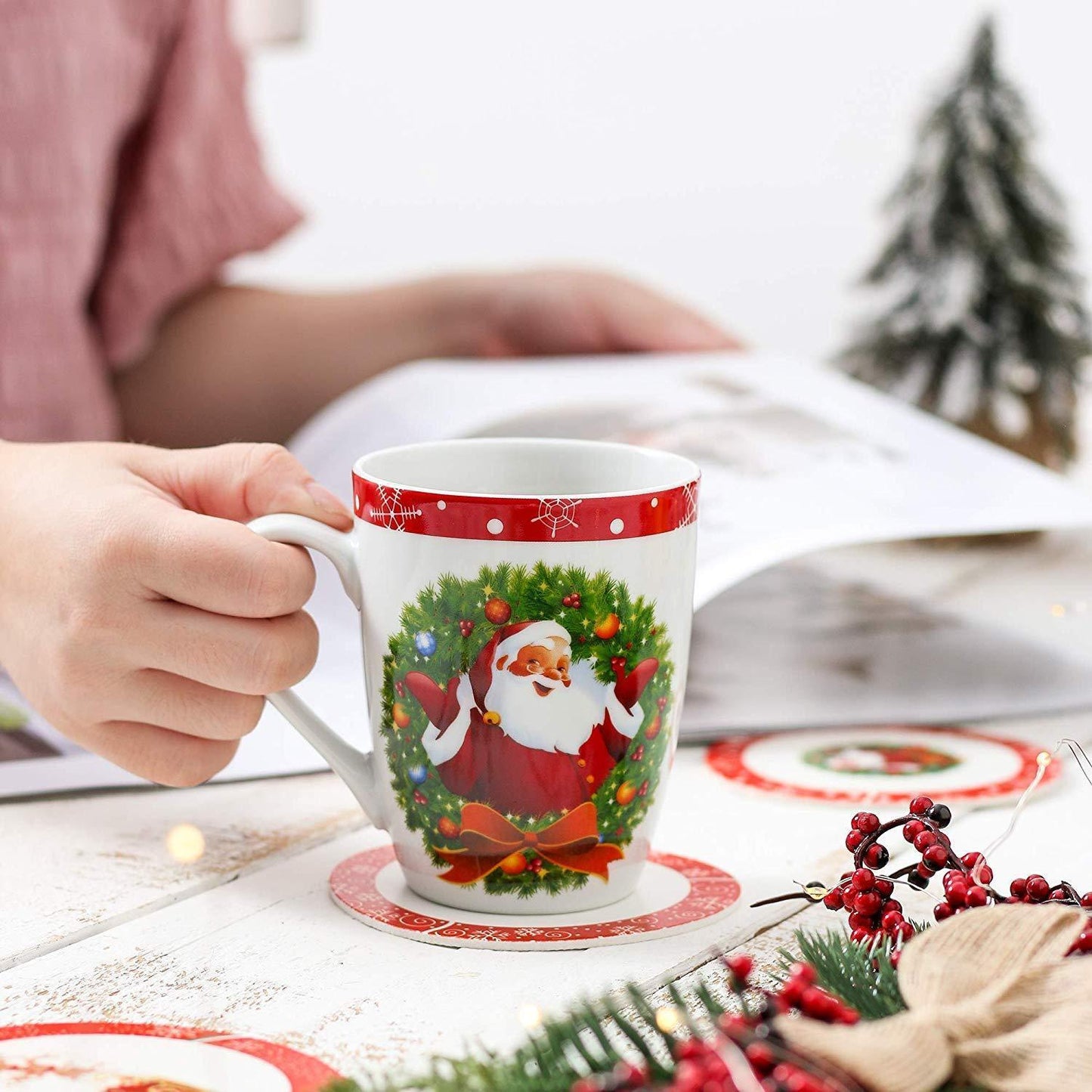 SANTACLAUS 6-Piece Christmas Pattern Porcelain Tea/Coffee Mug Cup Set - Nordic Side - Christmas, Coffee, Cup, Family, Festival, Milk, Mug, Office, Party, Pattern, Piece, Porcelain, SANTACLAUS