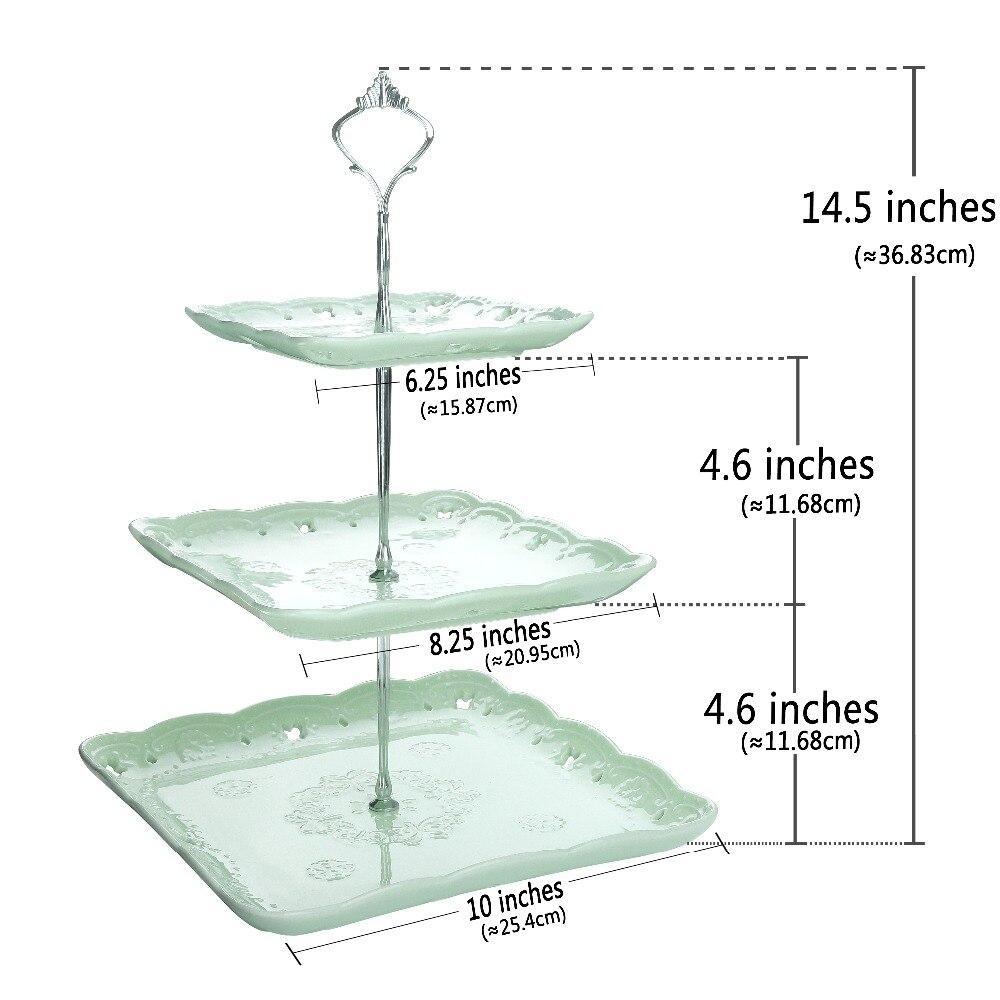 Sweet.Time 3 Tier Green Dessert Cake Tower Stand 14.5" Tall Porcelain Server Display Holder with Silver Carry Handle (Green Square) - Nordic Side - 145, Cake, Carry, Dessert, Display, Green, 