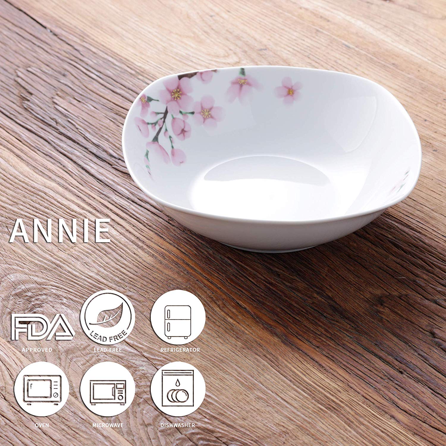 ANNIE 2-Piece 9" Ivory White Porcelain Pink Floral Bowl for Salad/Side Dishes/Soup/Dessert (2*1050 ml) - Nordic Side - 21050, ANNIE, Bowl, Cereal, DishesSoupDessert, Floral, for, FruitSalad, 