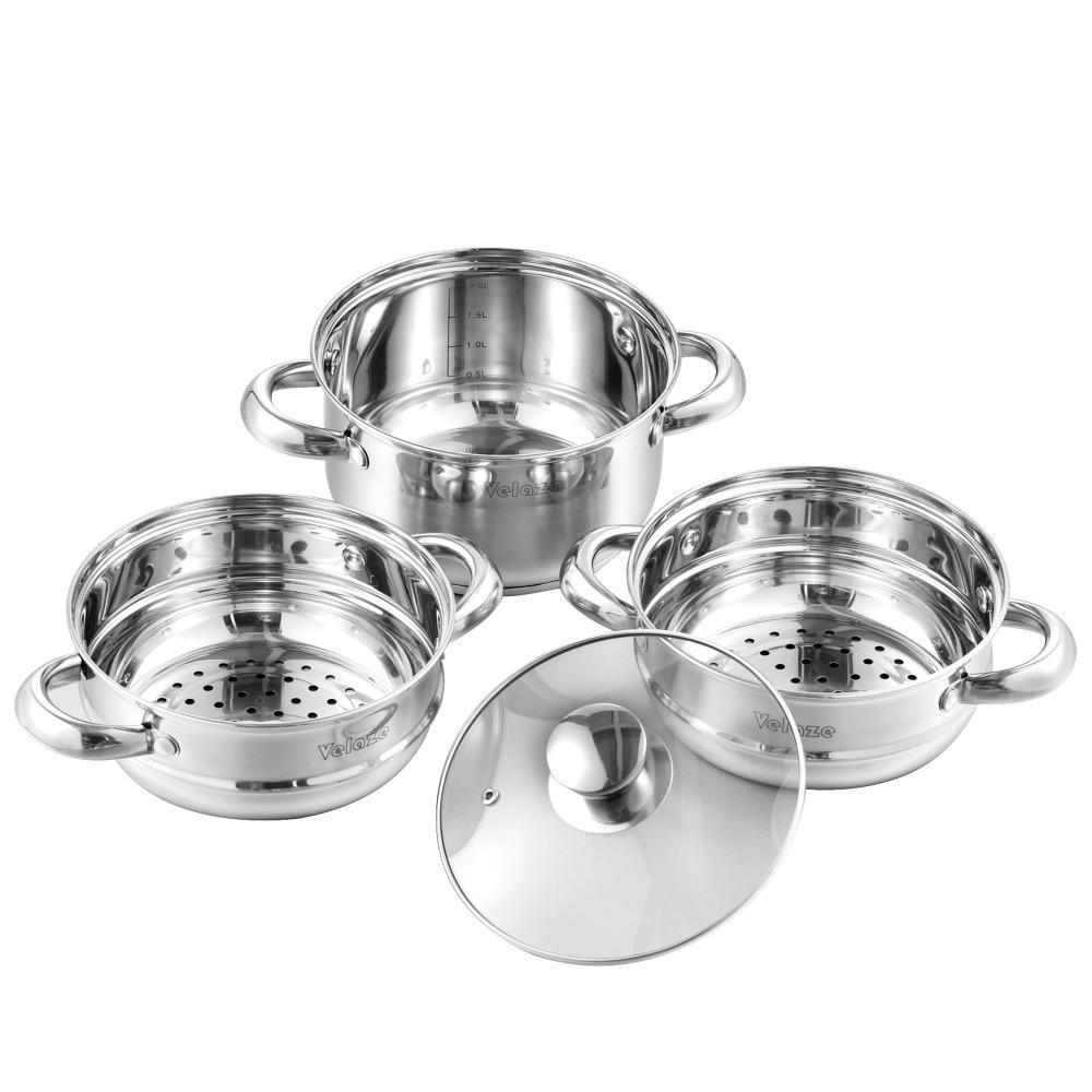 Cookware Set Stainless Steel 14-Piece Induction Kitchen Cooking Pot&Pan Set,Saucepan,Casserole,Steamer,Frypan,Glass lid (Silver) - Nordic Side - 14, Cooking, Cookware, Induction, Kitchen, lid