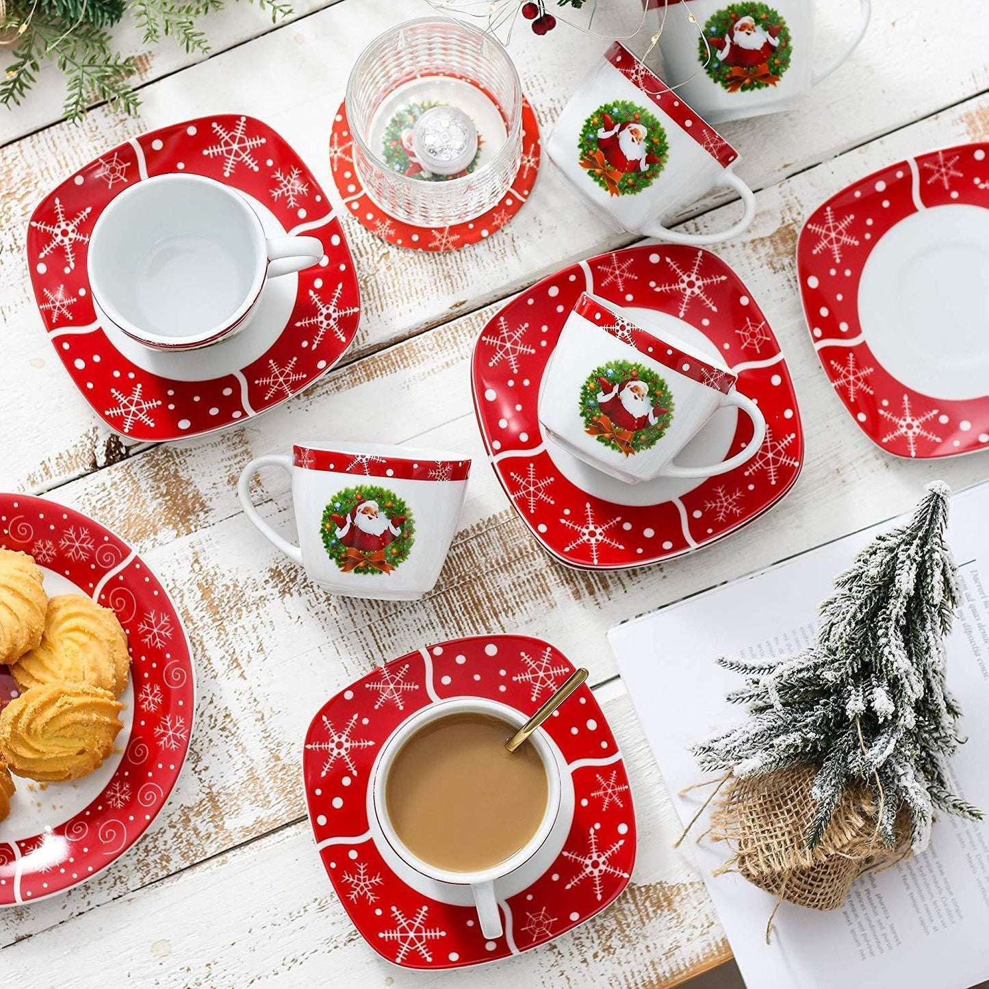 SANTACLAUS 12-Piece Christmas White Porcelain Drinkware Cups and Saucers Set Service for 6 Person - Nordic Side - 12, and, Christmas, Coffee, Cups, Drinkware, Espresso, for, Person, Piece, Po