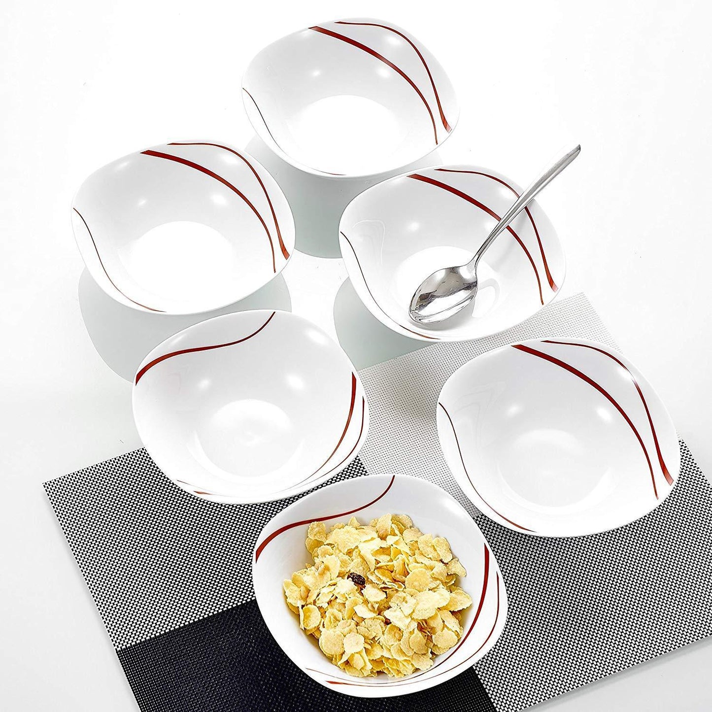 Felisa 6-Piece Red Stripes China  Cream White Porcelain Bowls (6.7") - Nordic Side - 17, 67, Bowl, Ceramic, Cereal, China, cm, Cream, Dessert, Felisa, Fruit, MALACASA, Piece, Porcelain, Red, 