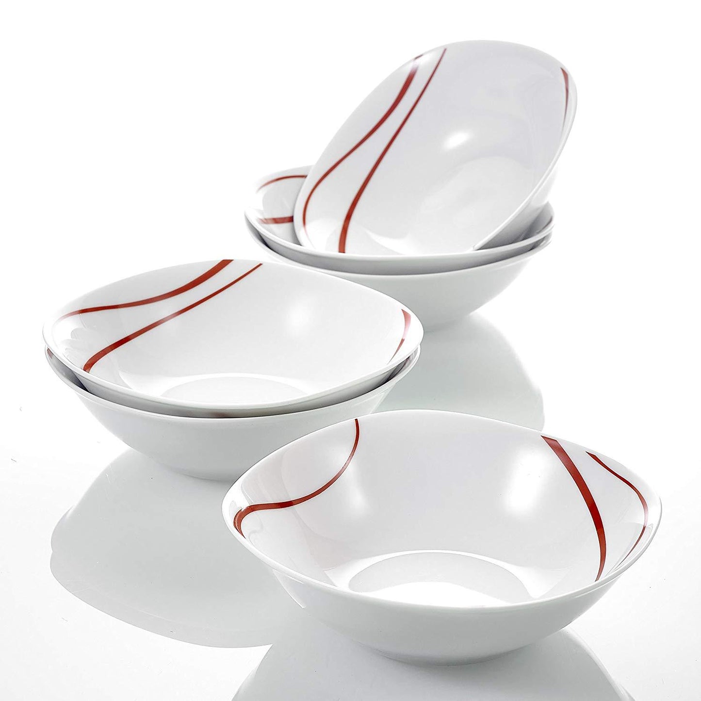 Felisa 6-Piece Red Stripes China  Cream White Porcelain Bowls (6.7") - Nordic Side - 17, 67, Bowl, Ceramic, Cereal, China, cm, Cream, Dessert, Felisa, Fruit, MALACASA, Piece, Porcelain, Red, 