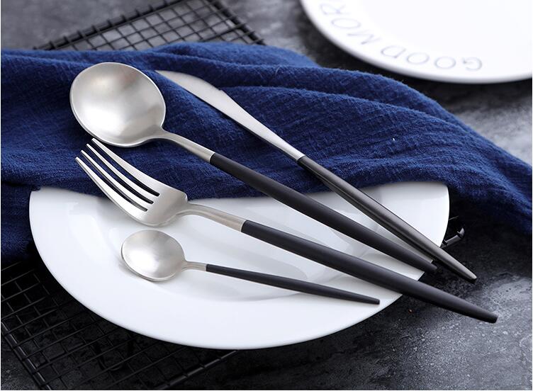 Arya Black Silver - Nordic Side - 24, Black, Cute, Cutlery, Dinnerware, Drop, Fork, Hommi, Knife, KuBac, Pcs, Set, Sets, Shipping, Stainless, Steak, Steel, Tableware