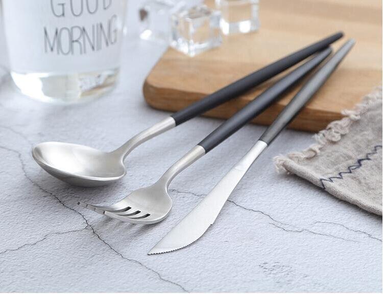 Arya Black Silver - Nordic Side - 24, Black, Cute, Cutlery, Dinnerware, Drop, Fork, Hommi, Knife, KuBac, Pcs, Set, Sets, Shipping, Stainless, Steak, Steel, Tableware