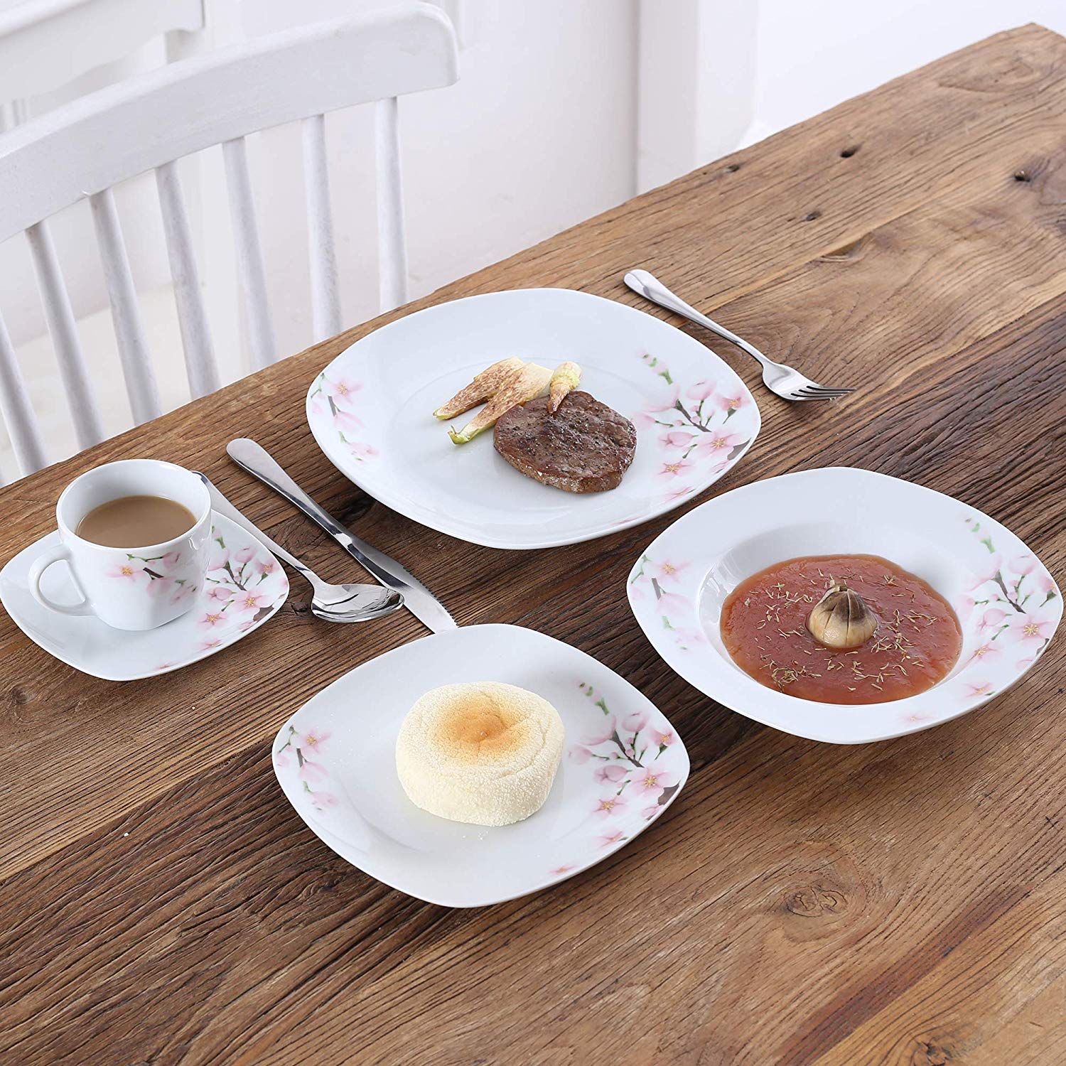 ANNIE 30-Piece White Ceramic Pink Floral Porcelain Dinner Set - Nordic Side - 30, and, ANNIE, Ceramic, Dinner, Floral, Piece, Pink, Plate, PlateCups, PlateDessert, PlateSoup, Porcelain, Sauce