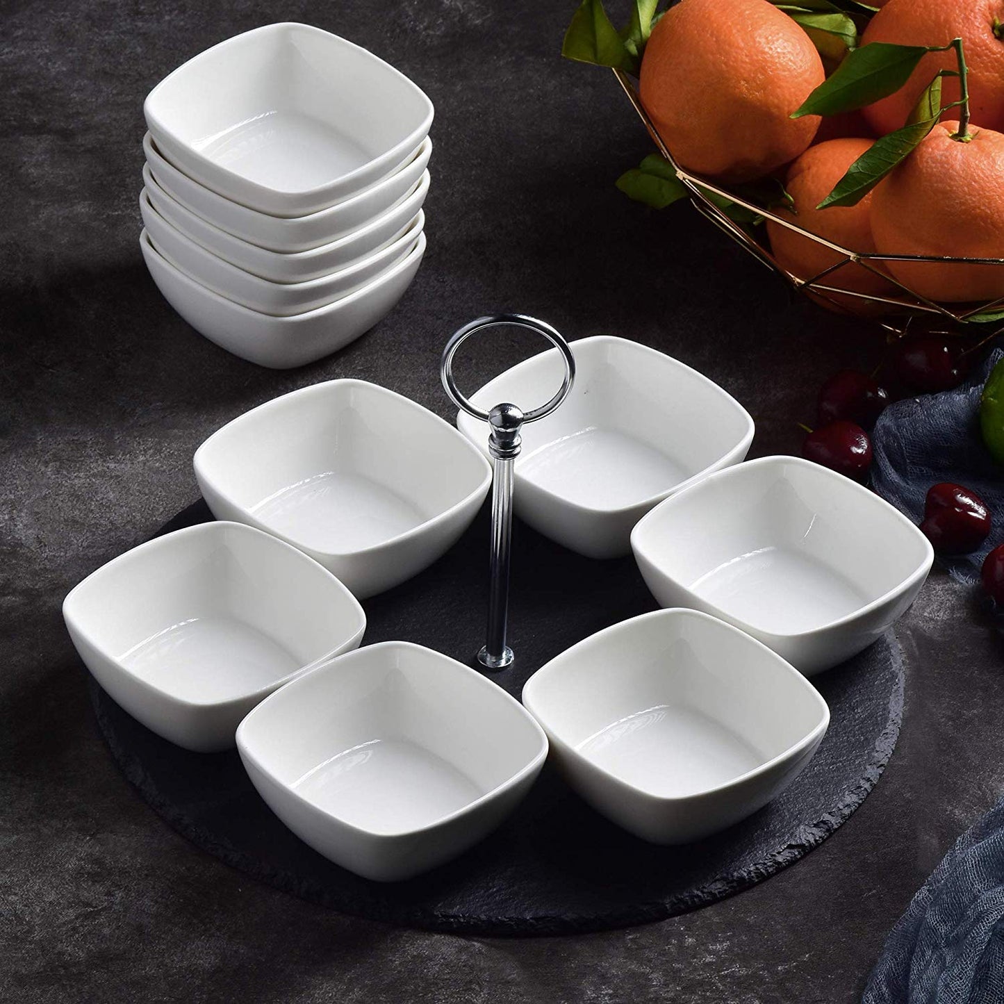 Natural Slate Stone Placemats with 12-Piece 4" Ceramic Porcelain Snack Dish & 1-Piece 12" Round Tablemats with Handle - Nordic Side - 12, Ceramic, Dish, Handle, MALACASA, Natural, Piece, Plac