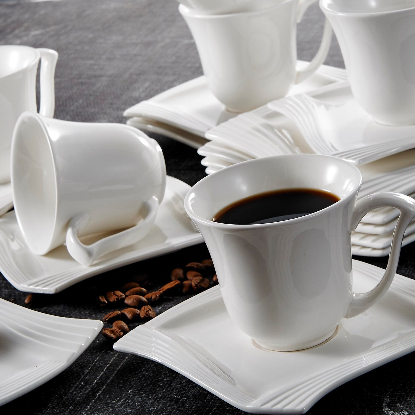 Amparo 18-Piece White Porcelain Coffee Tea Drinkware Sets including Cup,Saucers and Dessert Plates for 6 - Nordic Side - 18, Amparo, and, Coffee, CupSaucers, Dessert, Drinkware, for, Home, in