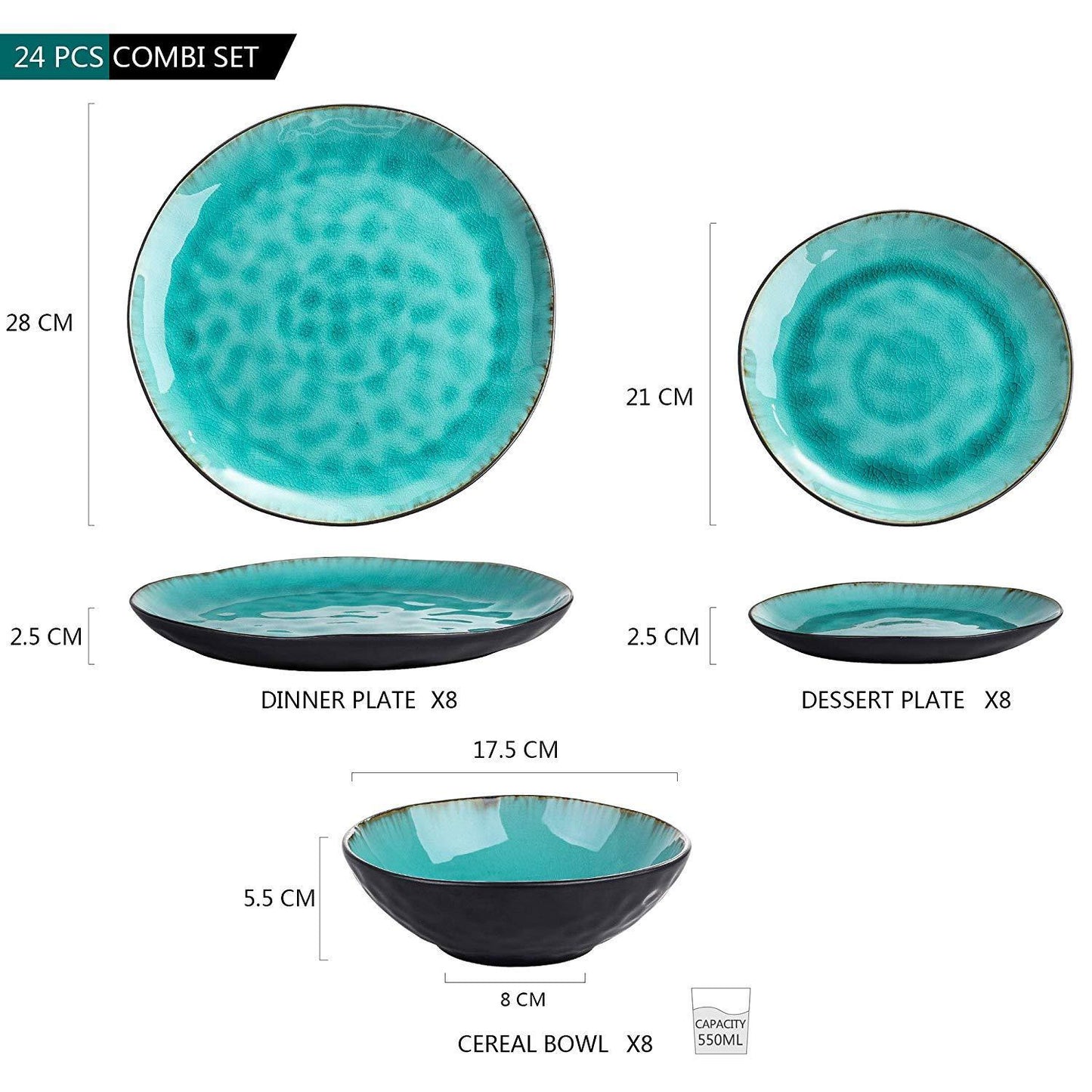 Bonita 24-Piece Pottery Stoneware Vintage Look Dinnerware Set - Nordic Side - 24, Aqua, Ceramic, Dinner, Dinnerware, Green, Look, Piece, PlateBowl, PlateDessert, Pottery, Set, Stoneware, VANC