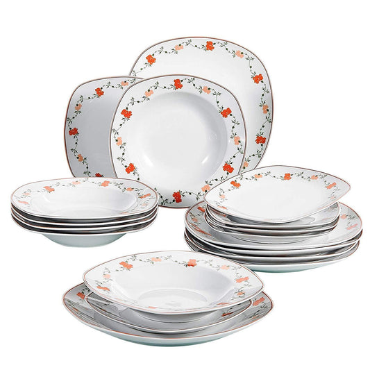 GLORIA 18-Piece White Porcelain Flower Pattern Dinner Tableware Plate Set with 6*Dessert Plates,Soup Plates,Dinner Plates - Nordic Side - 18, Dessert, Dinner, Flower, GLORIA, Pattern, Piece, 