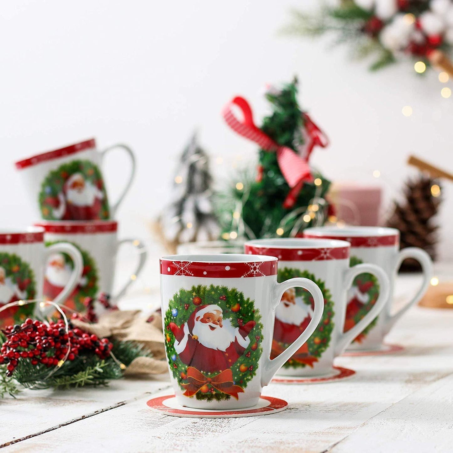 SANTACLAUS 6-Piece Christmas Pattern Porcelain Tea/Coffee Mug Cup Set - Nordic Side - Christmas, Coffee, Cup, Family, Festival, Milk, Mug, Office, Party, Pattern, Piece, Porcelain, SANTACLAUS