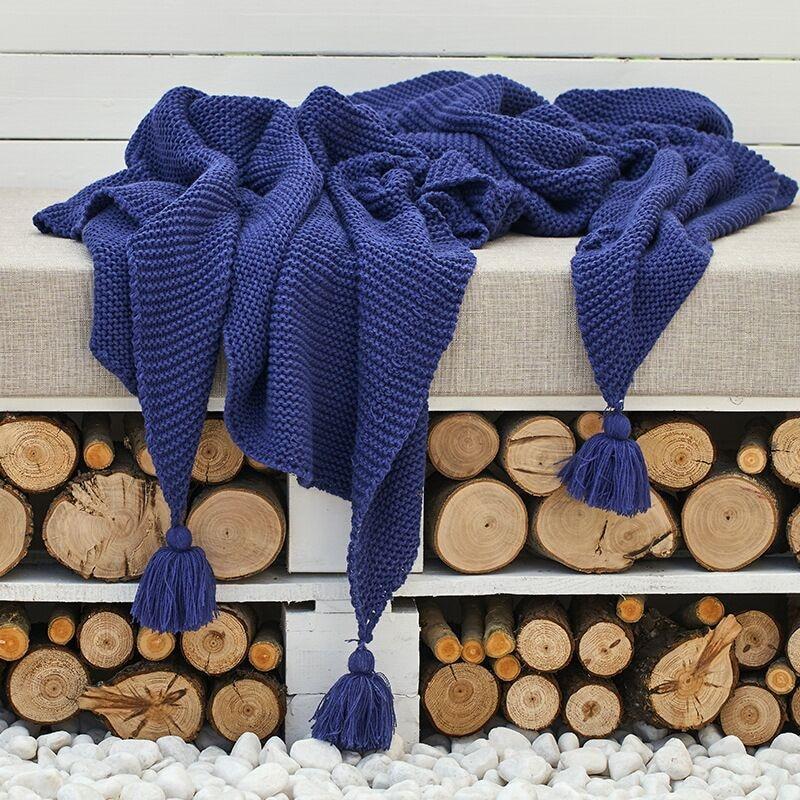 Hand Knitted Tassels Throw Blanket - Nordic Side - New