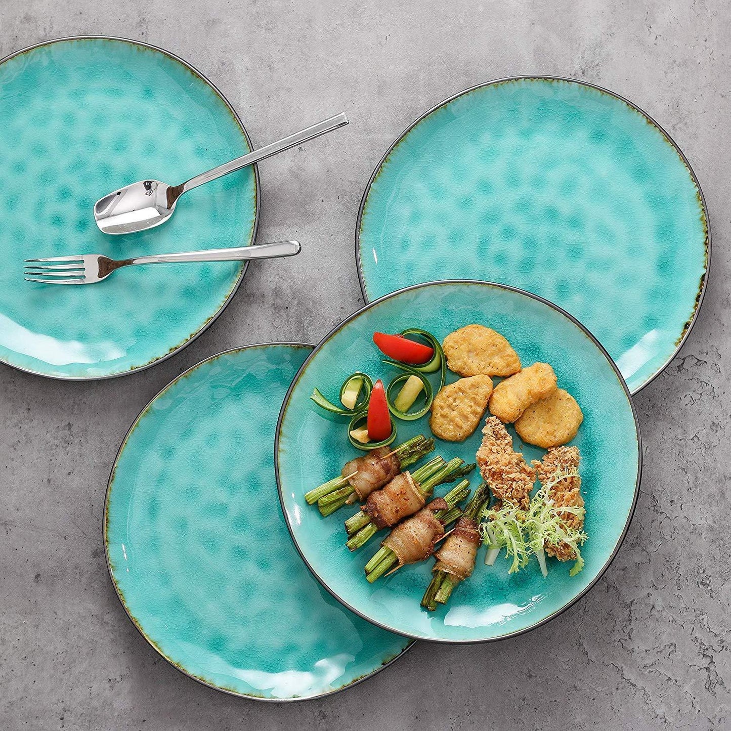 Bonita 4/8/12-Pieces Pottery Stoneware Vintage Ceramic Green Crockery 10.5" Dinner Plate Set - Nordic Side - 105, 4812, Aqua, Ceramic, Crockery, Dinner, DinnerSaladFruit, Green, Pieces, Plate