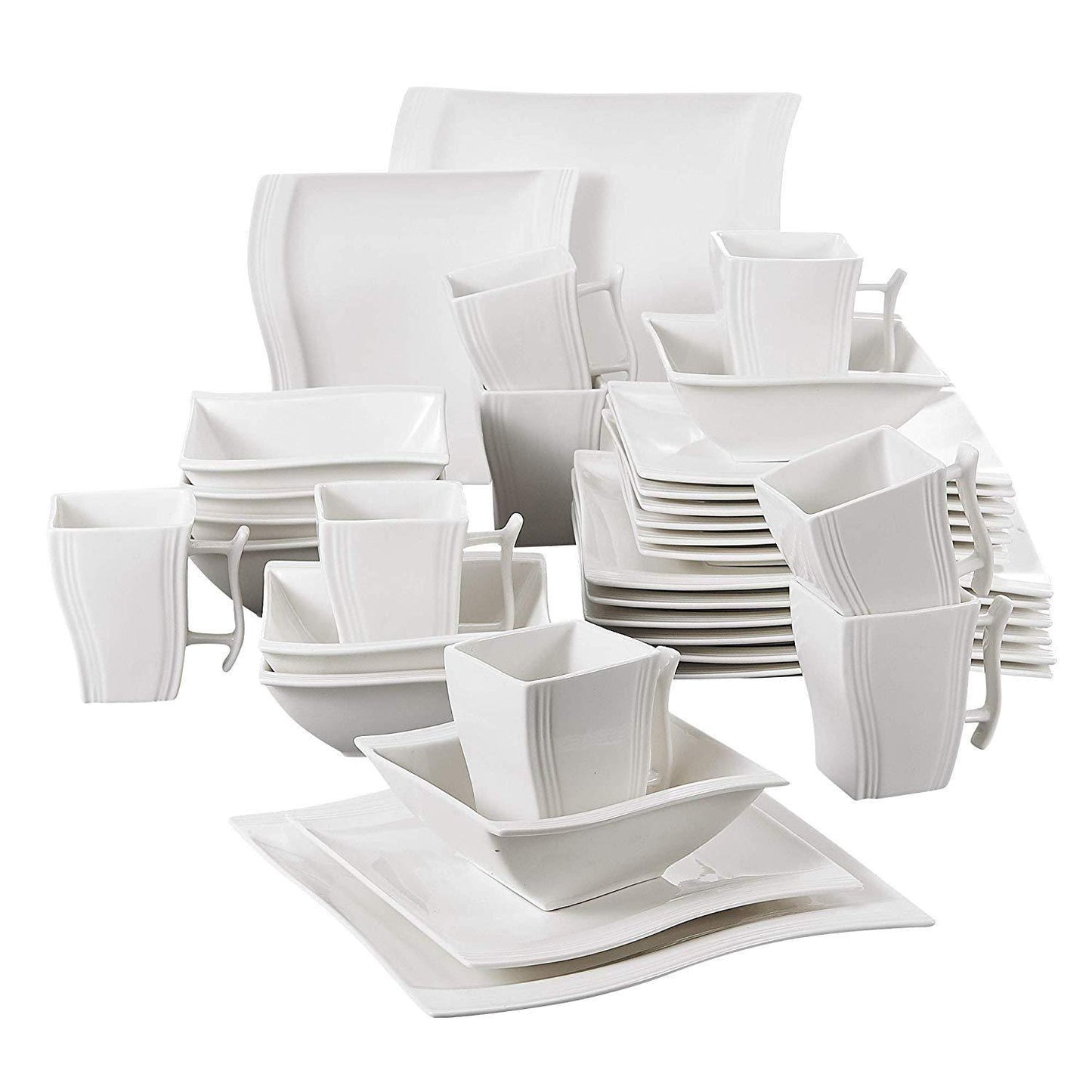 Flora 32-Piece White Porcelain Dinnerware Set with 8-Piece Dinner Plates,Bowls,Dessert Plates,Mugs Set for 8 person - Nordic Side - 32, Dinner, Dinnerware, Flora, for, MALACASA, person, Piece