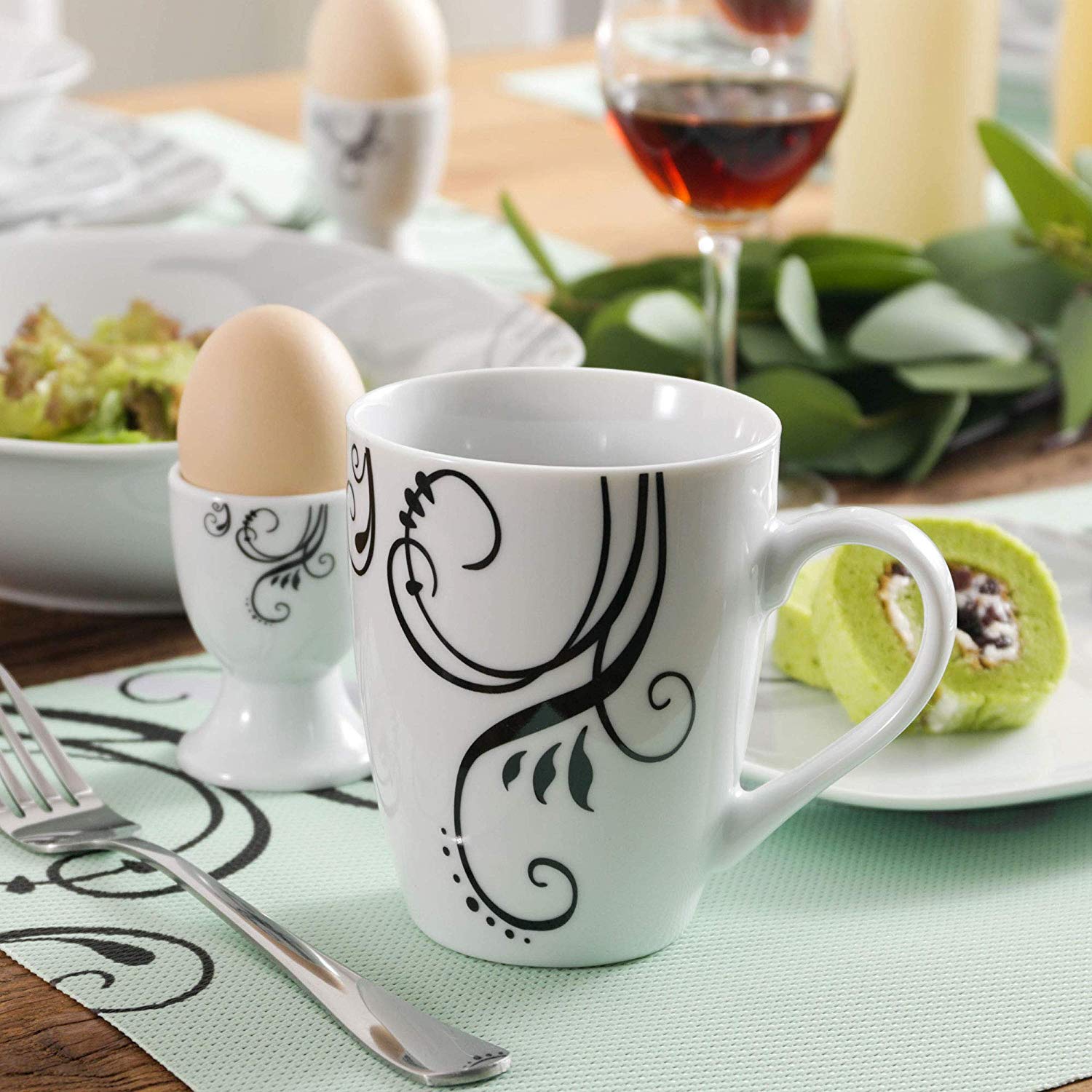 ZOEY 22-Piece Porcelain Ceramic Plate Tableware Set with 4*Egg Cup,Mug,Bowl,Dessert Plate,Dinner Plate and 2*Salad Bowl - Nordic Side - 22, and, Bowl, Ceramic, CupMugBowlDessert, Egg, Piece, 