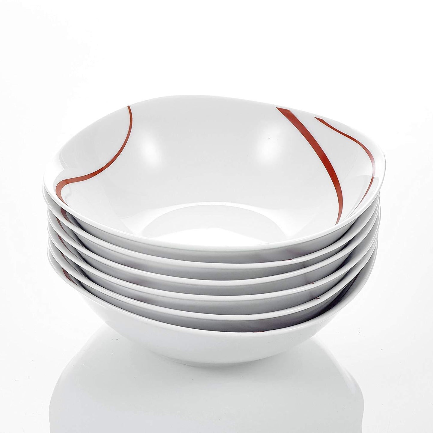 Felisa 6-Piece Red Stripes China  Cream White Porcelain Bowls (6.7") - Nordic Side - 17, 67, Bowl, Ceramic, Cereal, China, cm, Cream, Dessert, Felisa, Fruit, MALACASA, Piece, Porcelain, Red, 