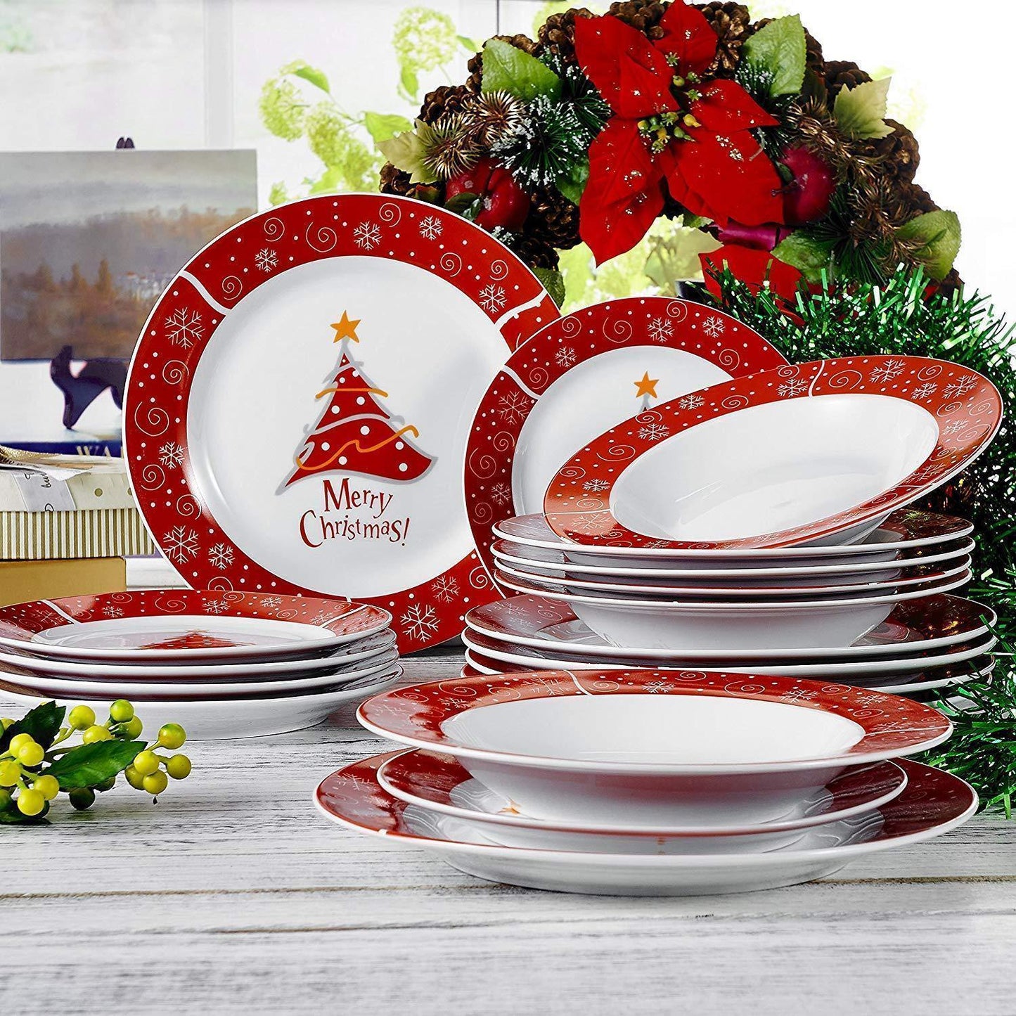 18-Piece Christmas Style Porcelain Ceramic Dinnerware Set Tableware with 6*Dessert Plate,Soup Plate and Dinner Plate Set - Nordic Side - 18, and, Ceramic, Christmas, Dessert, Dinner, Dinnerwa