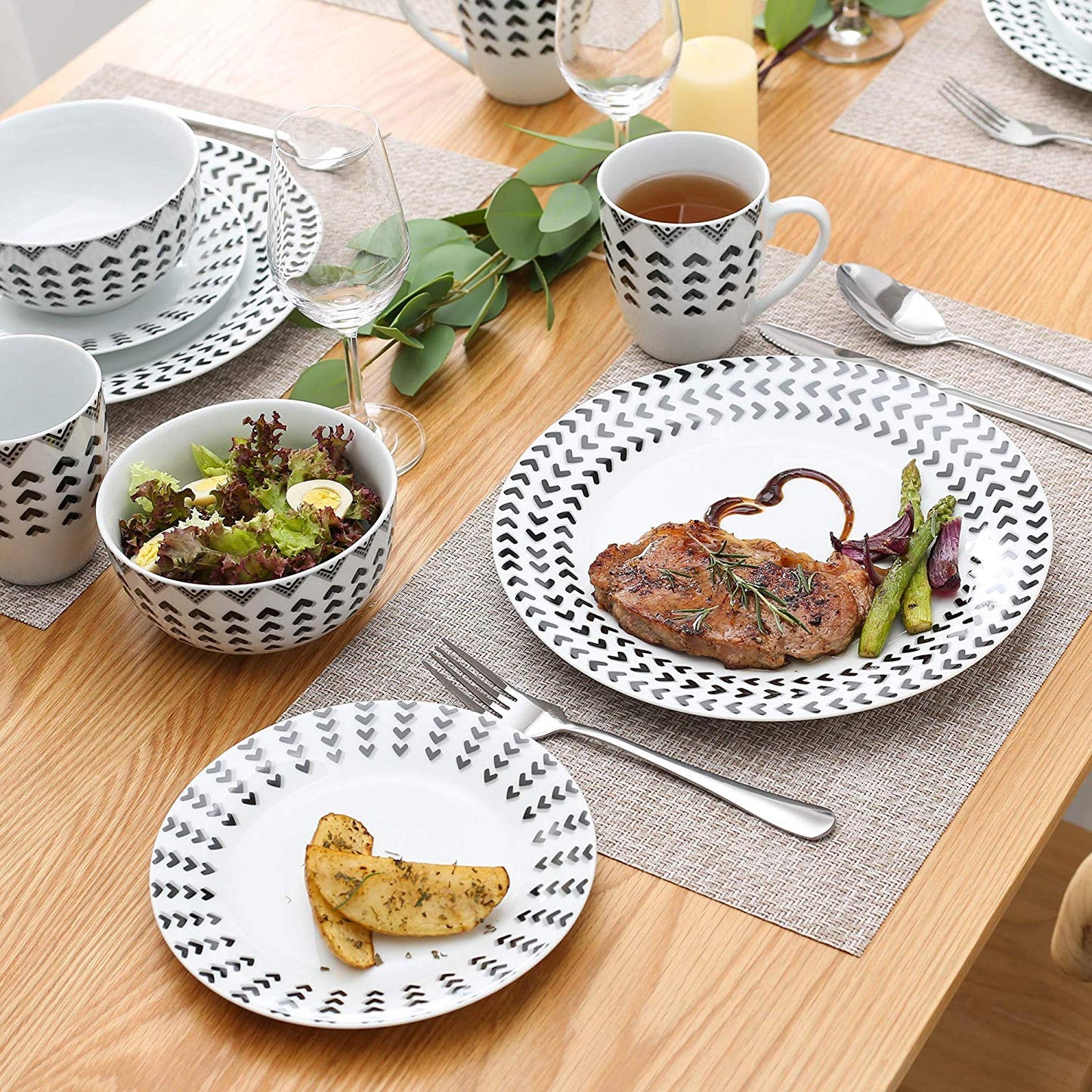 Campton 32-Piece Porcelain Ceramic Tableware Dinner Plate Set with Dinner Plate,Dessert Plate,Cereal Bowl and 380ML Mug - Nordic Side - 32, 380, and, Bowl, Campton, Ceramic, Dinner, ML, Mug, 